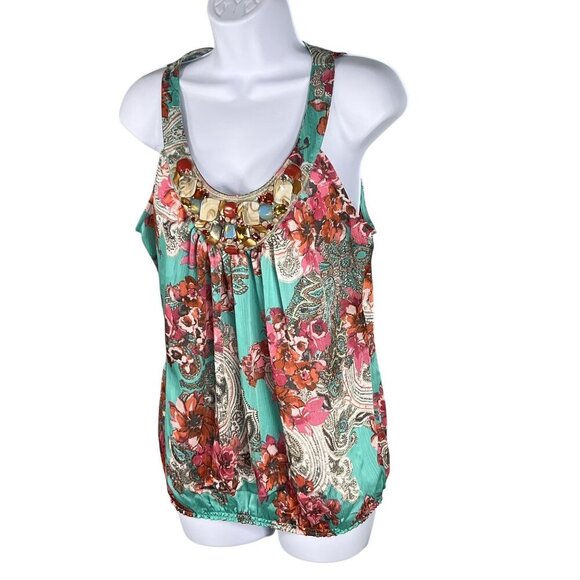 Cache Womens L Floral Sleeveless Cami Tank Chiffon Top Jewel Embellished Fairy - Picture 7 of 12